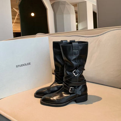 【シューズ】美脚見え ポインテッドトゥ ベルト ミドルライダーブーツ