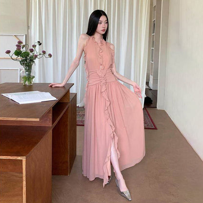 【ワンピース】ピンク Vネック ホルターネック バックオープン ワンピース 夏新作 フリルデザイン ノースリーブ ロング丈 レディース【JZシリーズ】