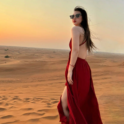 【ワンピース】【旅行・撮影用に】リゾートドレス｜シルク風 ノースリーブワンピース｜ドバイ映えドレス｜バカンス ビーチ ボヘミアン