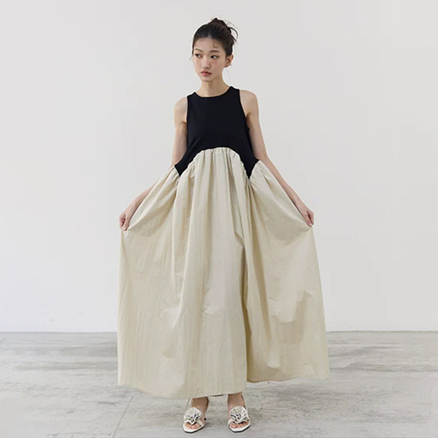 【ワンピース】レトロデザイン バイカラー アシンメトリー ノースリーブワンピース レディース 夏 キャミソール ロングドレス【SHシリーズ】