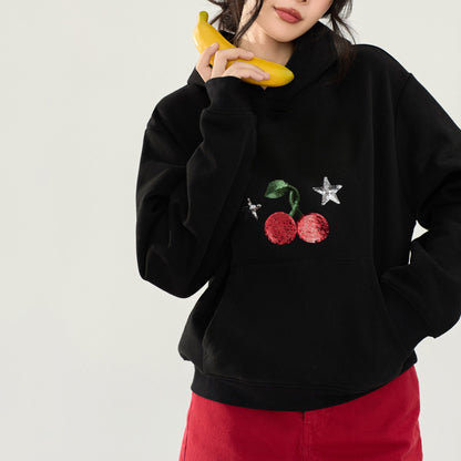 【トップス】🍒チェリー＆スパンコールスターパーカー レディース 秋新作 ブラック ショート丈 ゆったり カジュアル【FCシリーズ】