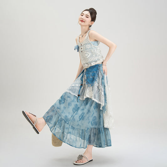 3点セット【セットアップ】森系ボヘミアンキャミソール＋レイヤード風ベスト＋花柄切り替えロングスカート3点上下セット 【SHシリーズ】