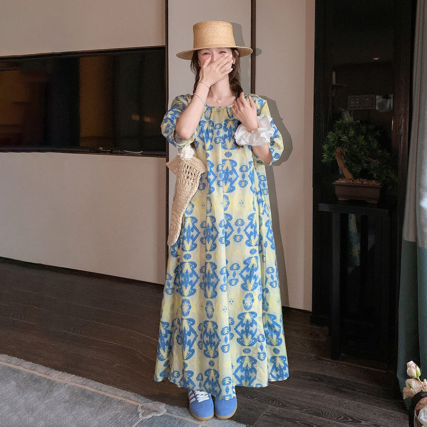 【ワンピース】フラワーワンピース 花柄 半袖 フレンチ風 レトロ ゆったり 体型カバー 細見え ロング丈 気質UP【SHシリーズ】