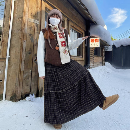 【ボトムス】チェック柄 フレアロングスカート 裏起毛 秋冬 新作 レトロ 細見え【SHシリーズ】