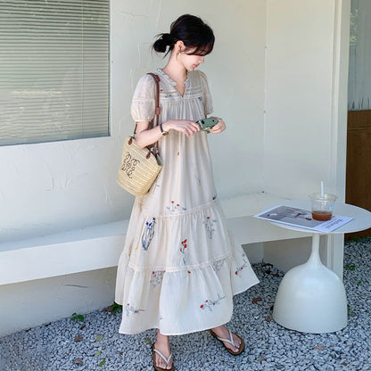 【ワンピース】フレンチレトロ 刺繍花柄ワンピース レディース ミモレ丈 ゆったり 体型カバー 着痩せ Aライン 夏ワンピース【SHシリーズ】