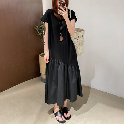 【ワンピース】 シンプル ラウンドネック 半袖Tシャツワンピース 斜め切替 デザイン ウーブン切替 オーバーサイズ ゆったり ロングTワンピ【JZシリーズ】