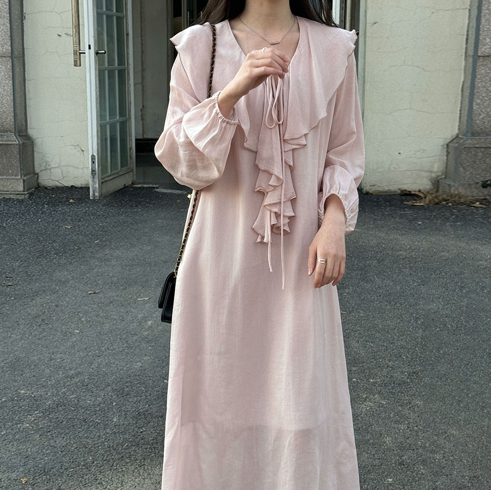 【ワンピース】フレンチシンプル 春新作 レーヨン フリルVネック バルーンスリーブ ラフ感 長袖 ロングワンピース【JZシリーズ】