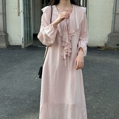 【ワンピース】フレンチシンプル 春新作 レーヨン フリルVネック バルーンスリーブ ラフ感 長袖 ロングワンピース【JZシリーズ】