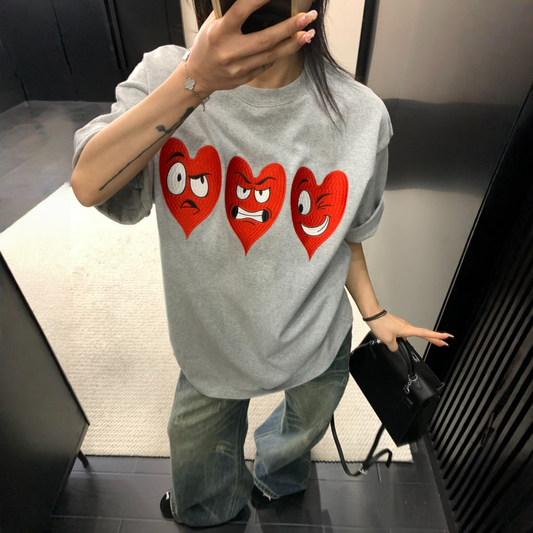 【トップス】重工刺繍 オーバーサイズ ゆったり カジュアル レトロ 半袖 Tシャツ 【FCシリーズ】