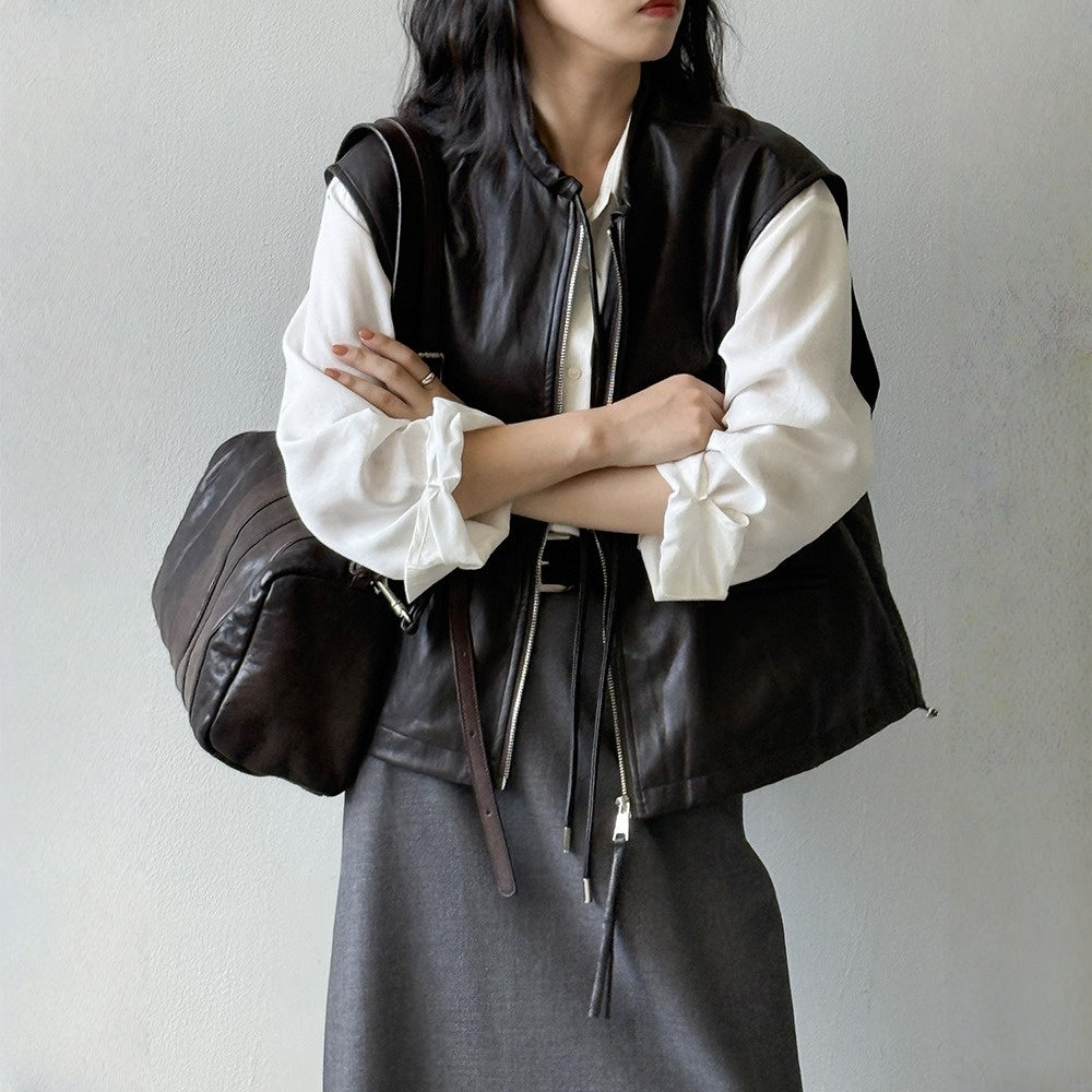 【トップス】春 秋 冬 秋新作 フレンチ デザイン ノースリーブ レザーベスト 【JZシリーズ】