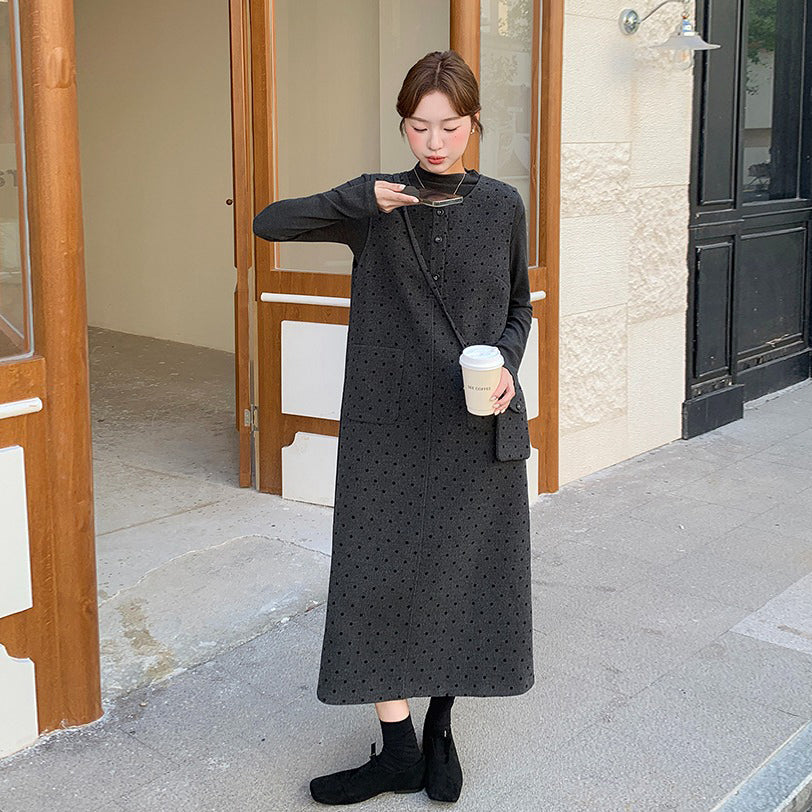 2点セット！【セットアップ】韓国風 ドット柄ウールベストワンピース＋インナートップス セット【JZシリーズ】