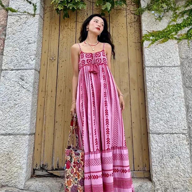 【ワンピース】旅行コーデ レディース 夏 民族風 刺繍入り ビーチ リゾート キャミソール ノースリーブワンピース【SHシリーズ】