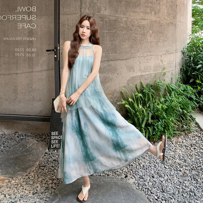 【ワンピース】夏  フレンチ風 タイダイ柄 森系 メッシュパッチワーク ノースリーブワンピース【SHシリーズ】