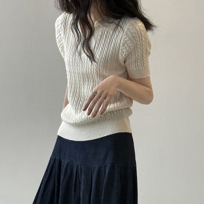 【トップス】ヴィンテージケーブル編みポロニット 半袖Tシャツ レディース 秋 Vネック スリムショート丈トップス【JZシリーズ】