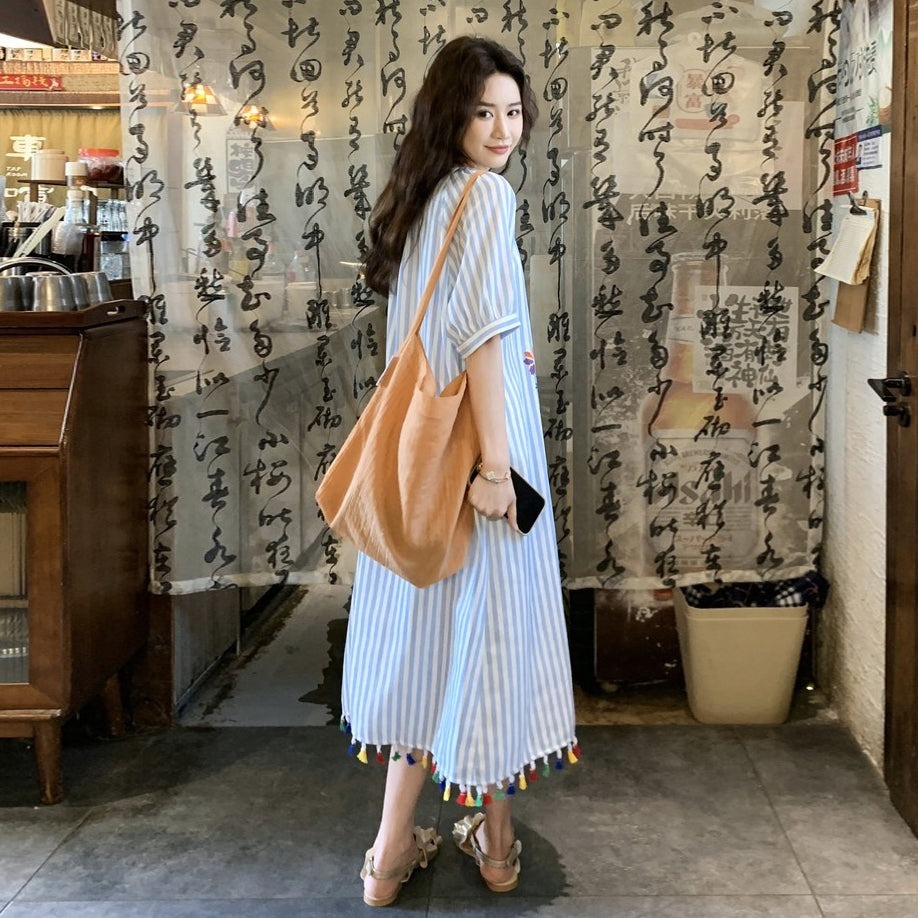 【ワンピース】韓国風 上品 リラックス感 ストライプ柄 半袖ワンピース レディース 夏用【SHシリーズ】