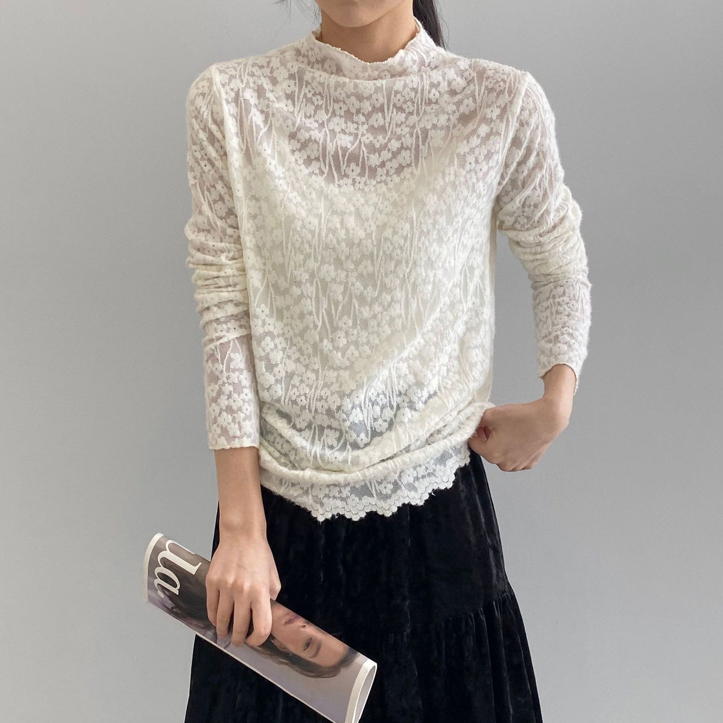 5カラー【トップス】韓国風オフィスカジュアル 大人可愛い レースインナー レディース ハーフハイネック テクスチャー感 Tシャツ【JZシリーズ】