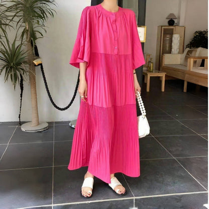 【ワンピース】夏 プリーツ 切り替え 大振裾 半袖 ワンピース