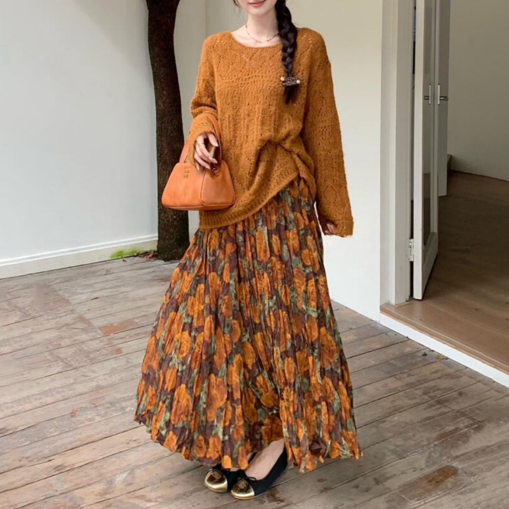 【ボトムス】レトロ風 プリーツスカート 秋新作 ハイウエスト 脚長効果 フレアAラインロングスカート【SHシリーズ】