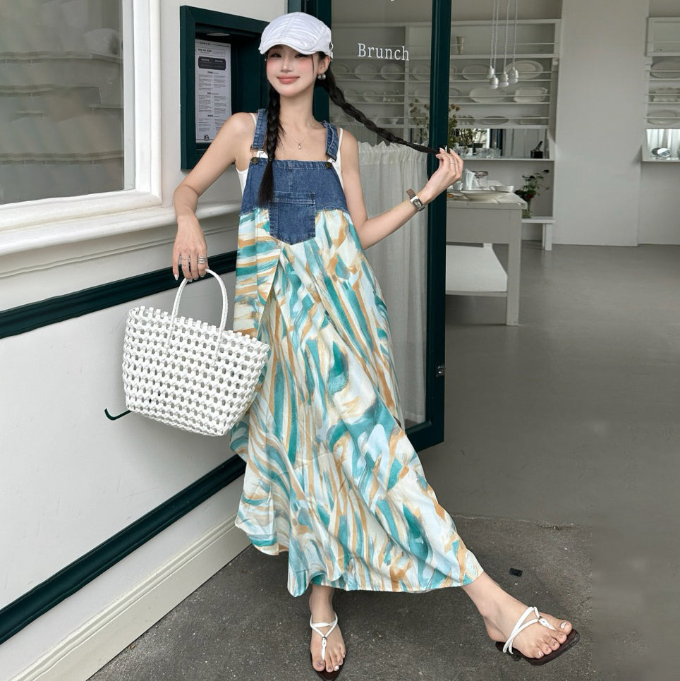 【ワンピース】夏新作 デザイン感たっぷり デニム切り替え シフォン花柄ノースリーブワンピース【SHシリーズ】