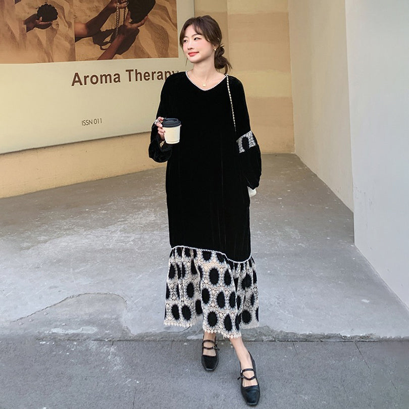 【60%OFF⭐️先行スタート！】【ワンピース】ブラック ベルベット 長袖ワンピース レディース Aライン 着痩せ エレガント フレンチスタイル【SHシリーズ】