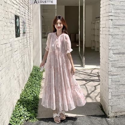 【ワンピース】スウィートな リボンネック 小花柄 ロングワンピース 【SHシリーズ】