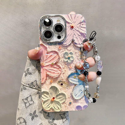 【グッズ】iPhone 16 Pro Max / 15 Pro / 13 / 13 PM  用 ブルーライトカット 油絵フラワー 韓国風 レディース 全面保護 レンズカバー付き 高級感 ストラップ付き 新作 スマホケース