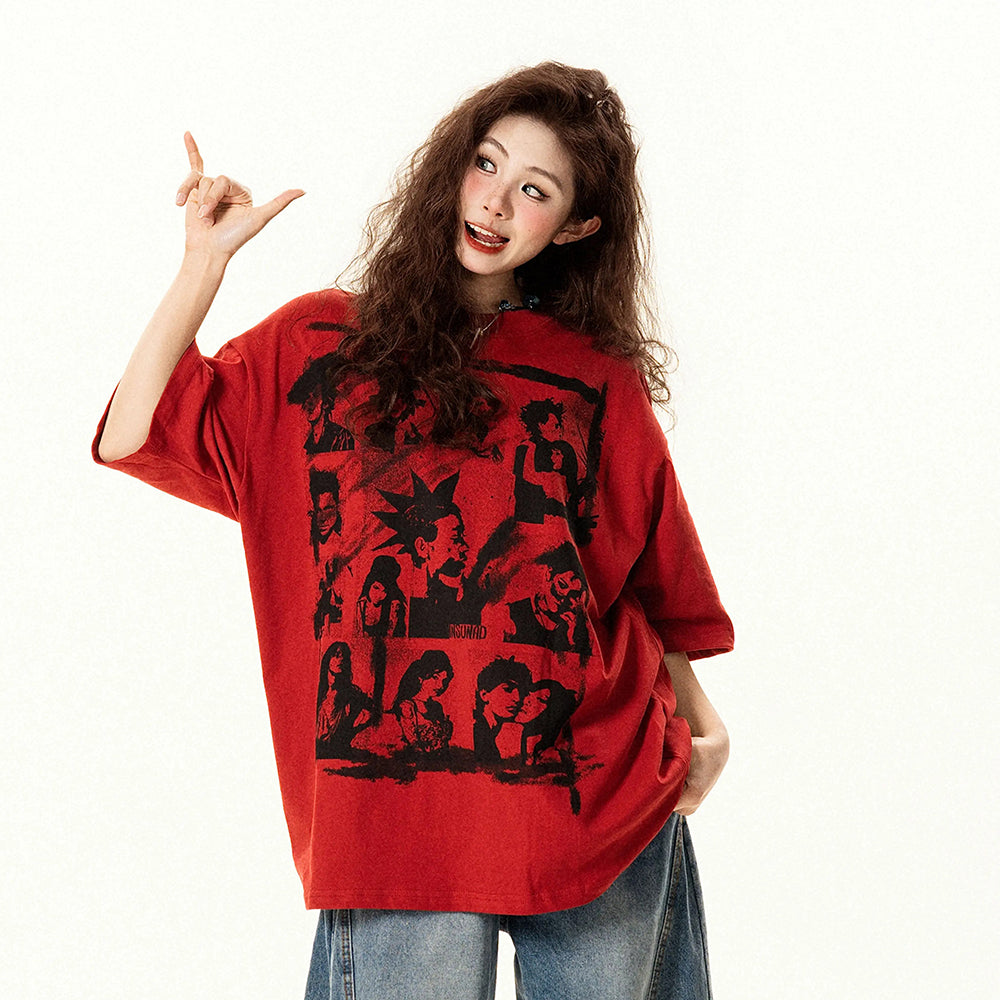 【トップス】アメリカンレトロ 落書きプリント 半袖Tシャツ レディース 夏 ゆったり カジュアル【FCシリーズ】【15〜20日発送】