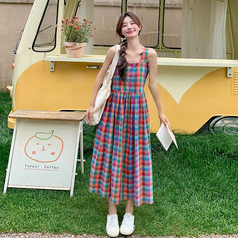 【ワンピース】夏 ドーパミンカラー チェック 高級感 シェイプアップ リゾート風 ノースリーブワンピース【SHシリーズ】