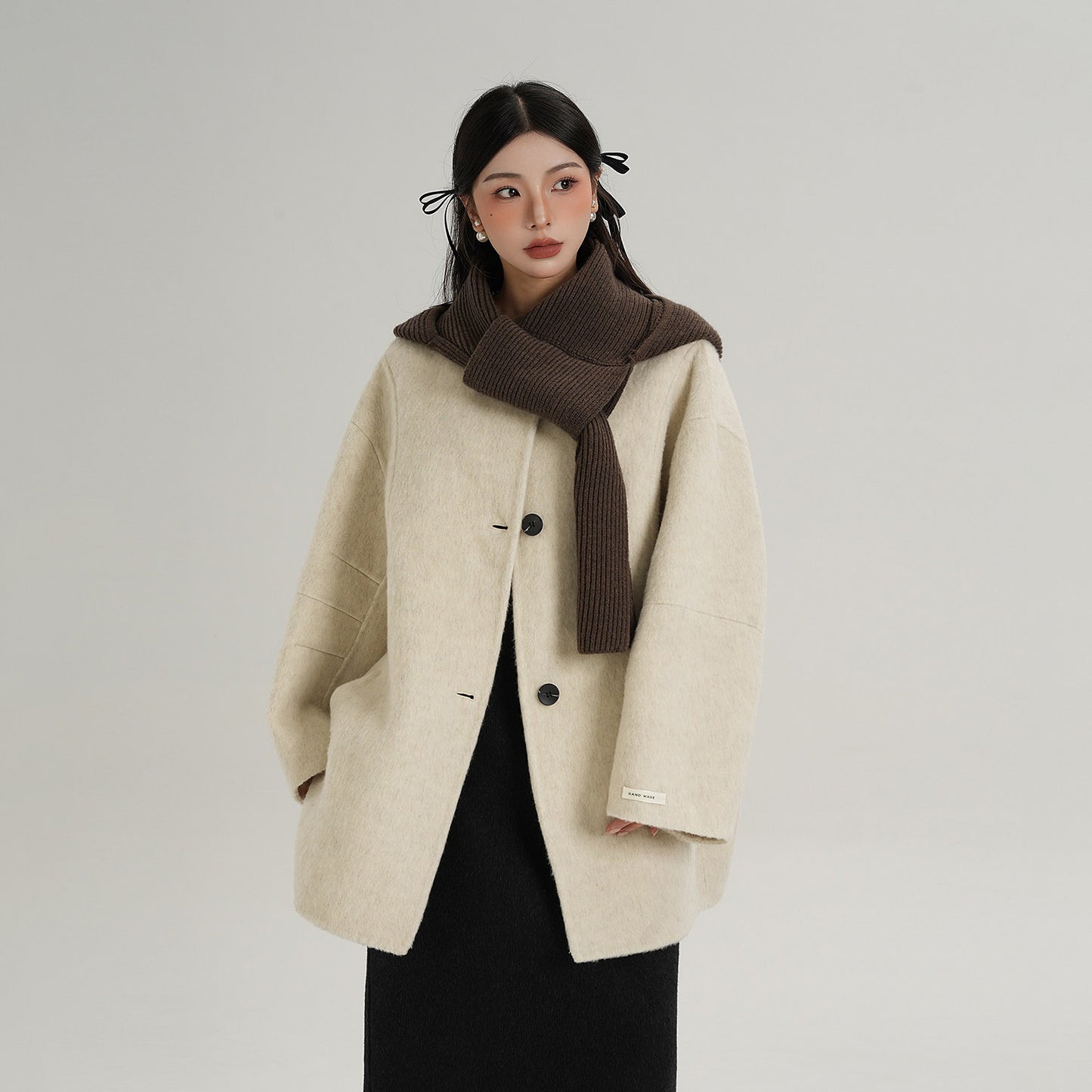 【アウター】高品質 ウール100% ニットカラー ミドルコート レディース【JZシリーズ】