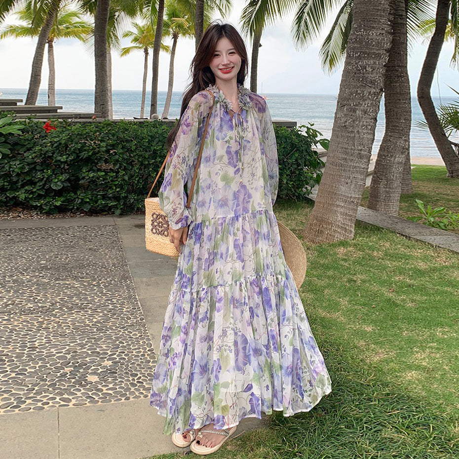 【ワンピース】ビーチ バカンス風 風油絵 小花柄 ワンピース 春夏 フレンチ 柔らかい雰囲気 長袖 日焼け防止 ドレス【SHシリーズ】