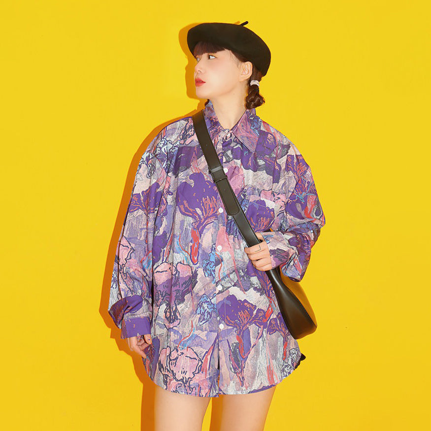 【トップス】フラワープリント ヴィンテージシャツ 港風 古着風 長袖 花柄 トップス デザイン感【SHシリーズ】