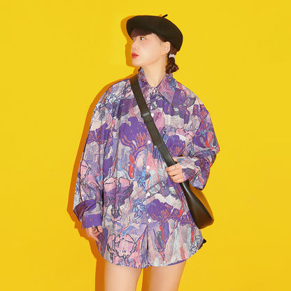 【トップス】フラワープリント ヴィンテージシャツ 港風 古着風 長袖 花柄 トップス デザイン感【SHシリーズ】