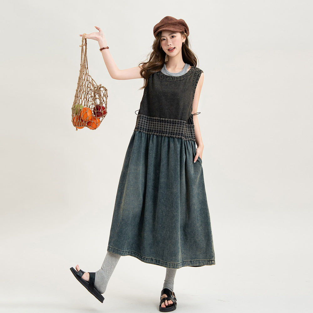 【ワンピース】アートデザイン ゆったり デニムジャンパースカート 配色チェック レディース ノースリーブワンピース【JZシリーズ】