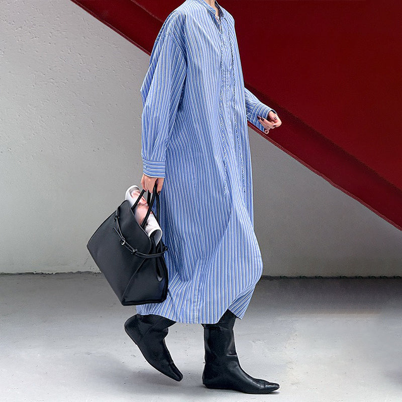 【ワンピース】秋先取り ロング丈 ストライプ 開襟長袖 シャツワンピース ゆるっとおしゃれ 着痩せデザイン【JZシリーズ】