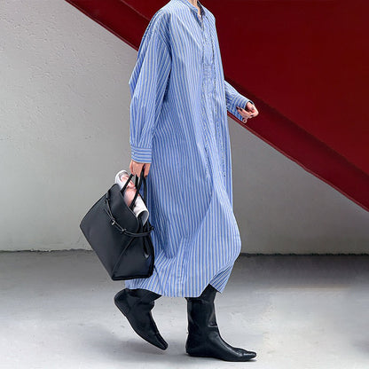 【ワンピース】秋先取り ロング丈 ストライプ 開襟長袖 シャツワンピース ゆるっとおしゃれ 着痩せデザイン【JZシリーズ】