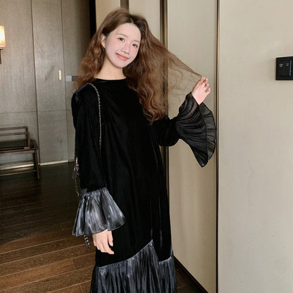 【ワンピース】春 秋 冬 フレンチ 高級感 気質よい フリル ベルベット 長袖ワンピース【JZシリーズ】