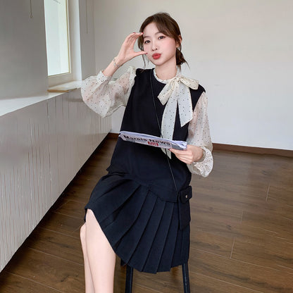 【セットアップ】レトロ レディース 新作 ドット柄シャツ＋ベストワンピース 2点セット【JZシリーズ】