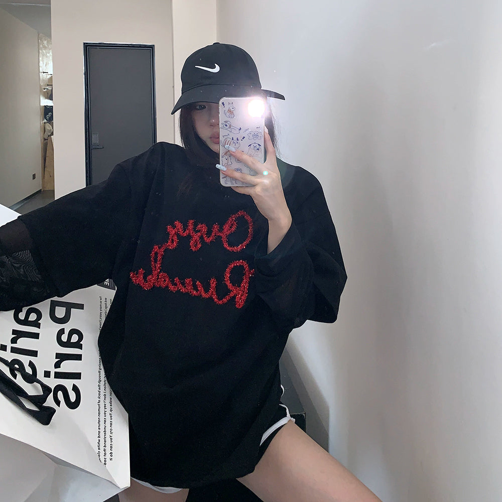 【トップス】Tシャツ レディース レイヤード風 メッシュ切替 長袖 クルーネック シアー素材 モード カジュアル【FCシリーズ】