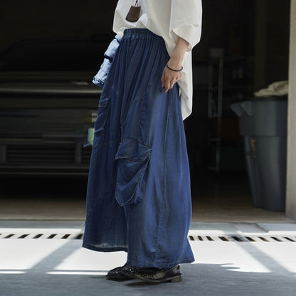 【ボトムス】初秋新作 日系デザイン×切り替えポケット付きデニムロングスカート｜落ち感のある素材で大人っぽく決まる一枚【JZシリーズ】