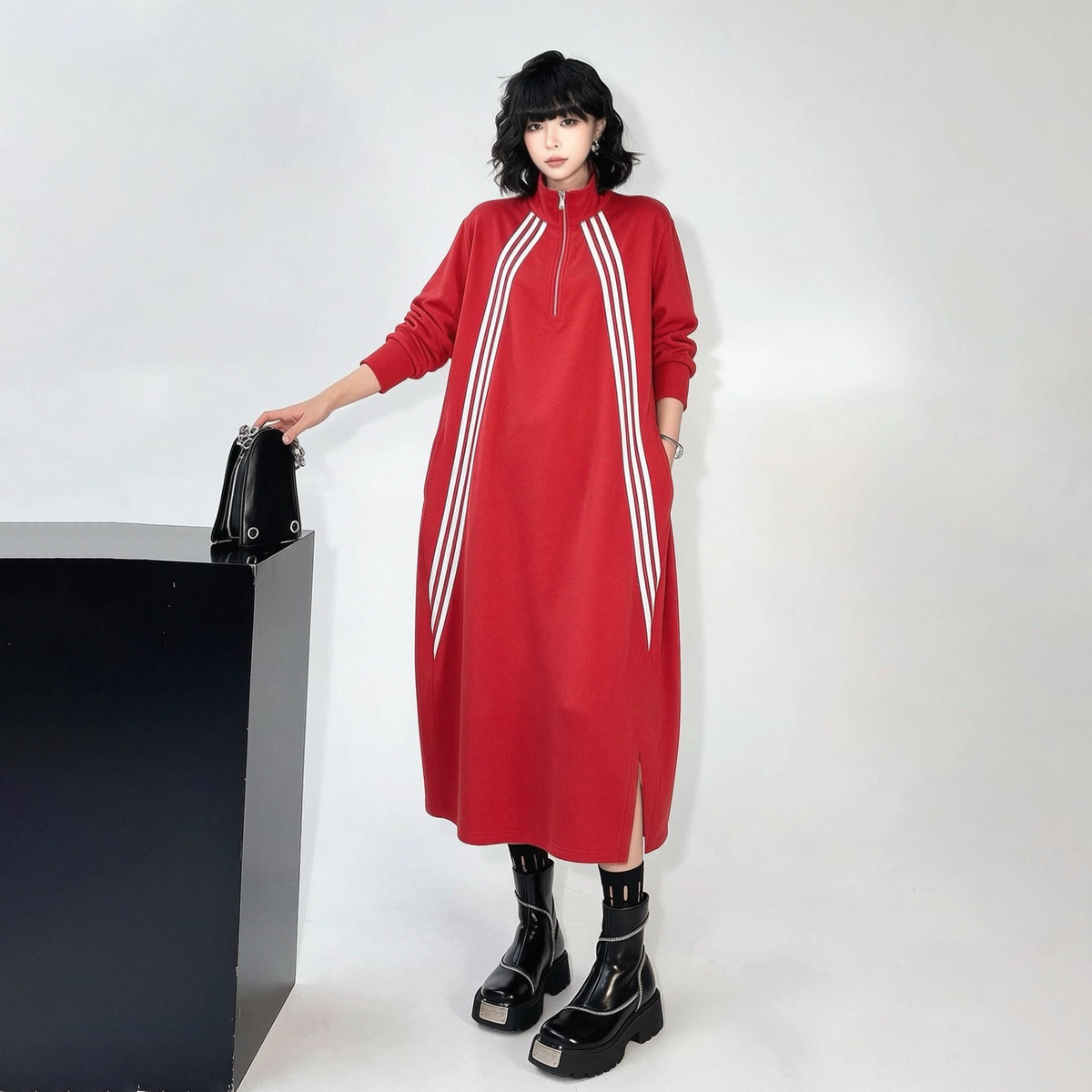 【ワンピース】韓国風 レディース 長袖 ブラックスウェットワンピース ファスナー付き リラックスシルエット【AHシリーズ】
