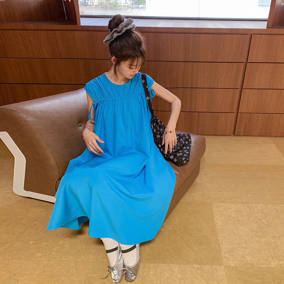 【ワンピース】韓国風 無地ルーズ ノースリーブワンピース 夏 抽紐デザイン ビーチリゾートロングドレス【JZシリーズ】