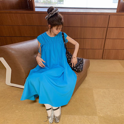 【ワンピース】韓国風 無地ルーズ ノースリーブワンピース 夏 抽紐デザイン ビーチリゾートロングドレス【JZシリーズ】