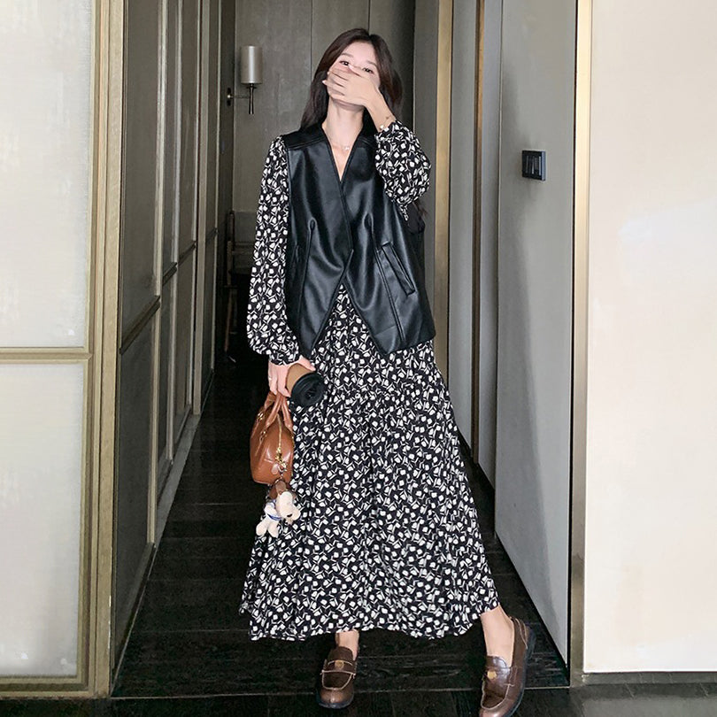 2点セット【セットアップ】PUレザーベスト+ 花柄 長袖ワンピース 2点セット レディース 春秋 高級感  韓国風 コーディネート おしゃれ【SHシリーズ】