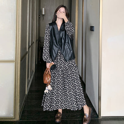 2点セット【セットアップ】PUレザーベスト+ 花柄 長袖ワンピース 2点セット レディース 春秋 高級感  韓国風 コーディネート おしゃれ【SHシリーズ】