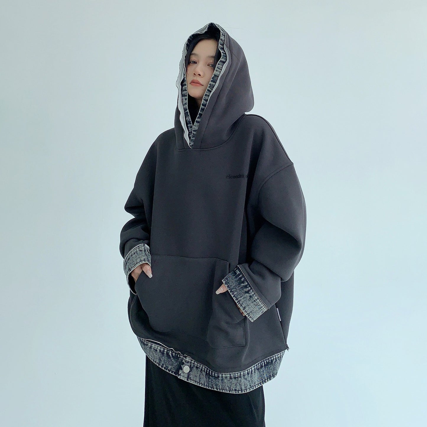 【トップス】春秋冬 配色デニム切り替え 裏起毛 パーカー ゆったり レディース【FCシリーズ】