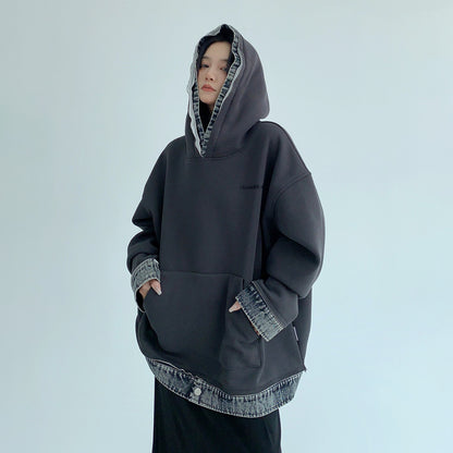 【トップス】春秋冬 配色デニム切り替え 裏起毛 パーカー ゆったり レディース【FCシリーズ】