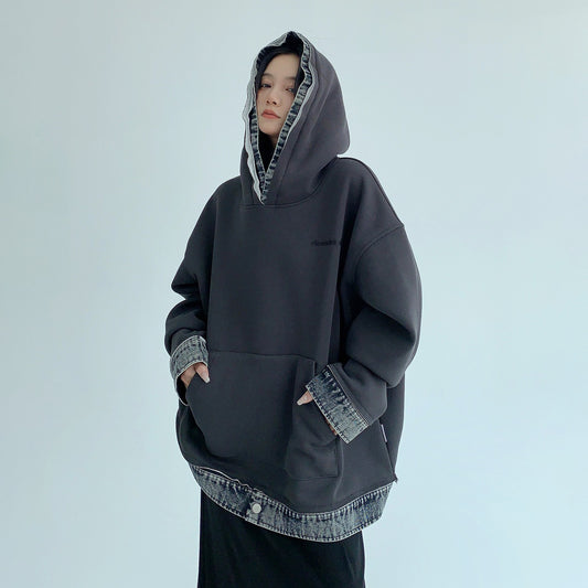 【トップス】春秋冬 配色デニム切り替え 裏起毛 パーカー ゆったり レディース【FCシリーズ】