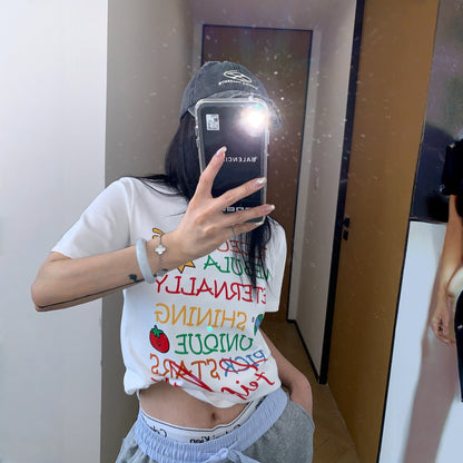 【トップス】夏  グラフィティ風 カラフルロゴプリント ショート丈 Ｔシャツ 【FCシリーズ】