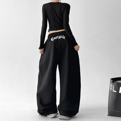 【ボトムス】ハイウエスト 刺繍入り スポーツパンツ レディース 春秋 ゆったり ワイド【FCシリーズ】