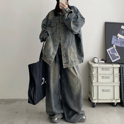 【単品注文】【セットアップ】春 秋 夏 ヴィンテージ風 オーバーサイズ ジャケット＋パンツ 2点上下セット【FCシリーズ】